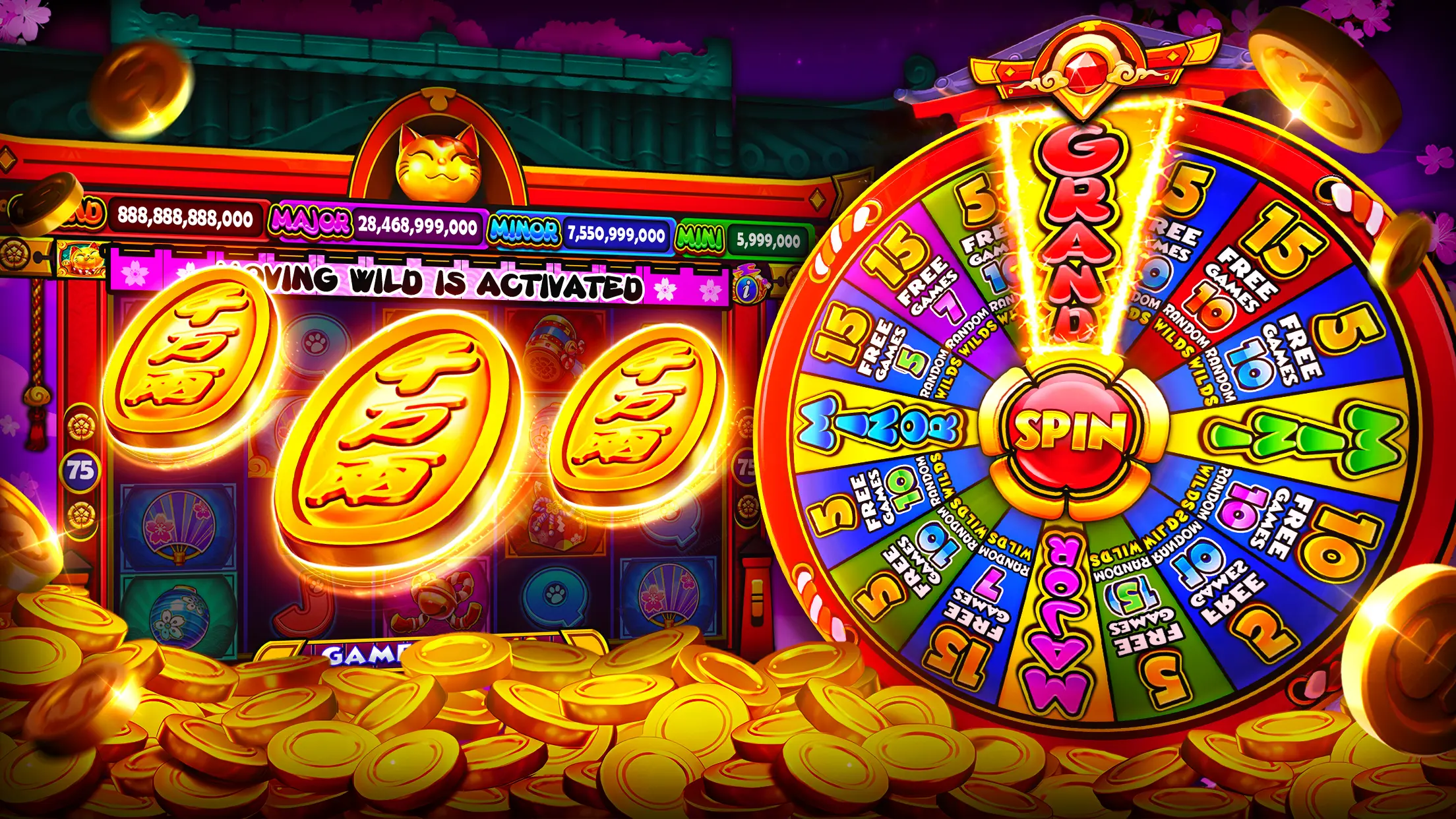 Slot reels with golden coin symbols beside a colourful bonus wheel