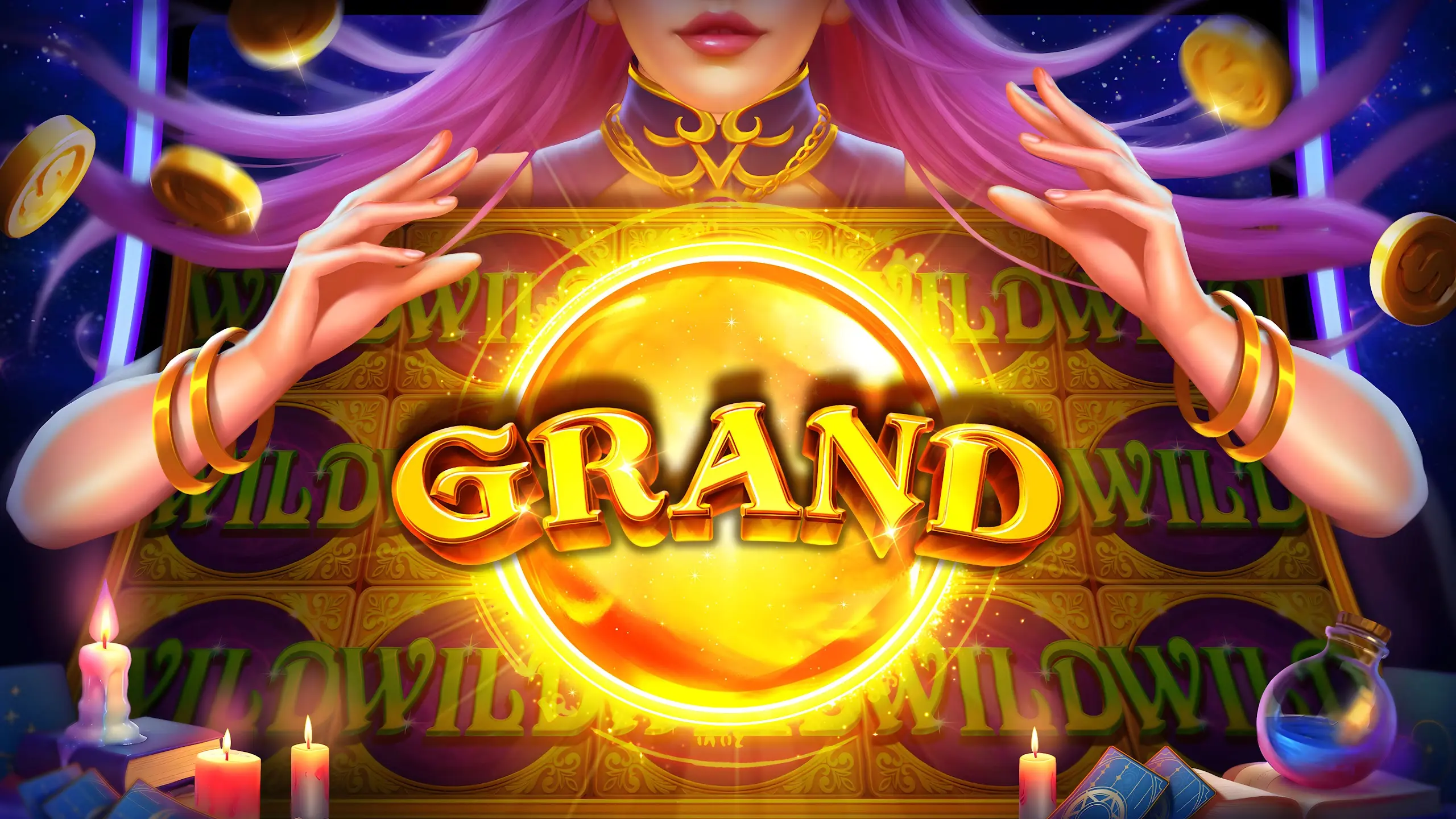 Fantasy-themed slot artwork with a glowing crystal ball and golden coins